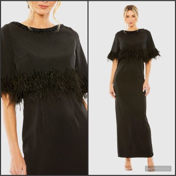 MAC DUGGAL 11787 Quarter Sleeve Crystal Neck Feather Detail Dress - Picture 1 of 13